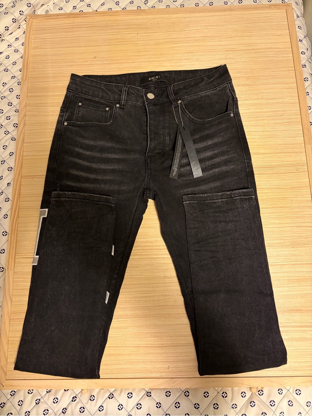 AMIRI Size 29 Black Distressed Logo Patch Skinny Jeans Streetwear Designer Denim - Picture 2 of 10